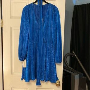 Bardot Metallic Blue Belissa Plisse Mini Dress Faux Wrap Size M 10 NWT
